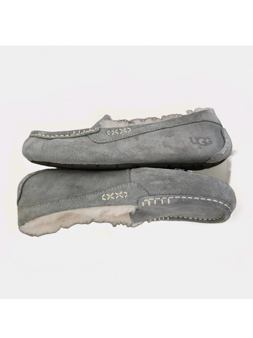 UGG Ansley Slippers 9 Gray Suede Sheepskin Lined Moccasin Cozy Excellent - Picture 12 of 15